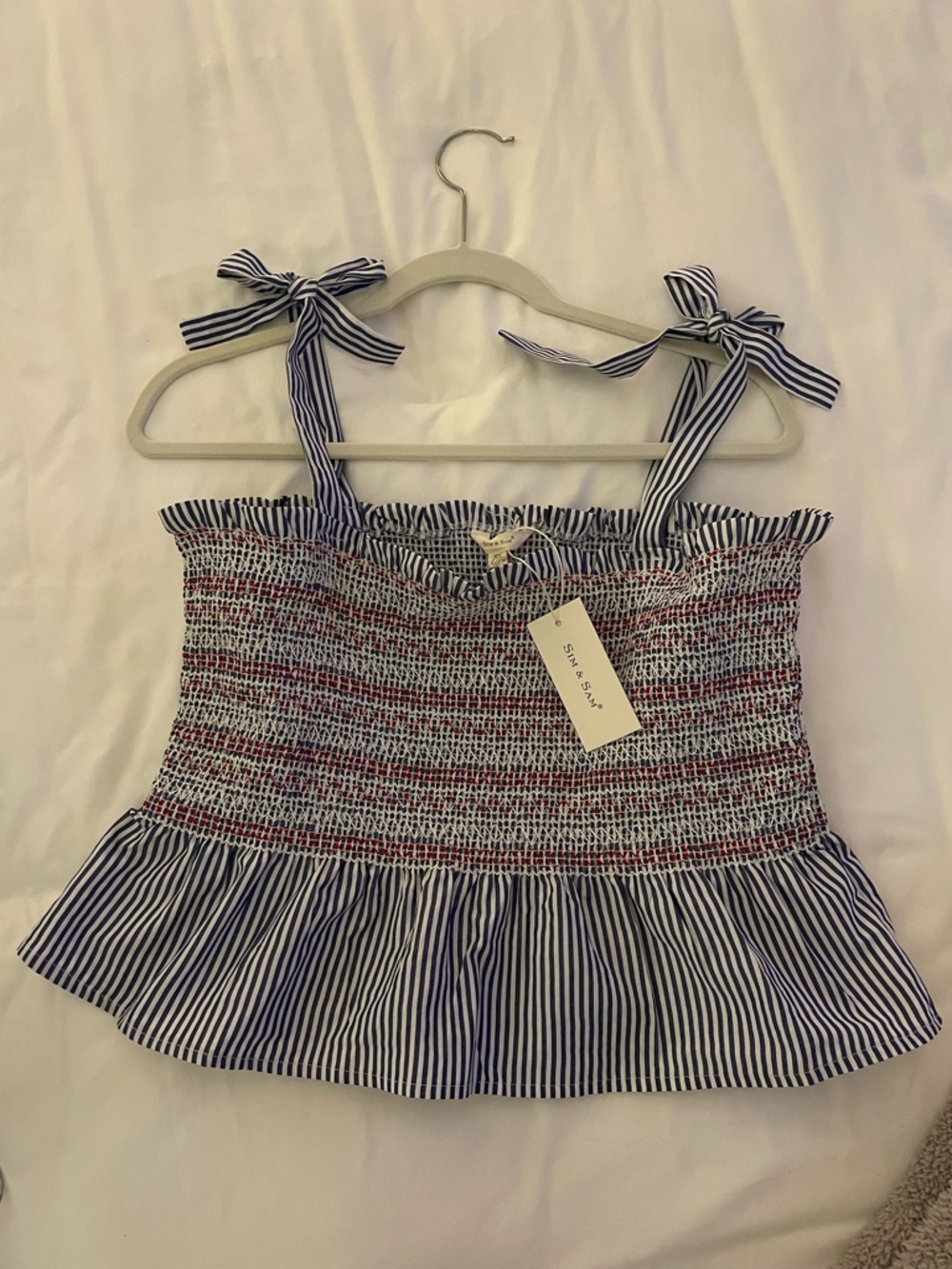 Striped Smocked Ruffle Cami Top - Navy, Red & White